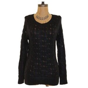 Halogen Nordstrom Sweater Top Size PM Foiled Cable Bateau Neck Black EUC B82